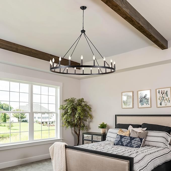47.2 inches Black Wagon Wheel Chandelier- 20 Light Large Farmhouse Chandelier Industrial Rustic Dining Room Light Fixture Round High Ceiling Pendant Light for Living Room Entryway Foyer
