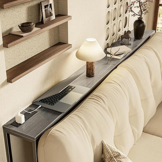 SUPERJARE 78.7 Inch Console Table with Outlet, Sofa Table with Charging Station, Narrow Hallway Entryway Table, Behind Couch Table, for Living Room, Charcoal Gray