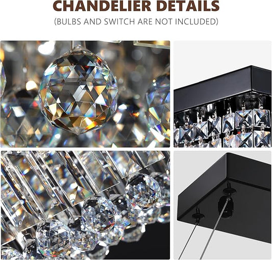 Modern Crystal Chandelier for Dining Room, 8-Light Black Rectangle Pendant Ceiling Light Fixture for Kitchen Island Bar, L40 x W10 x H10
