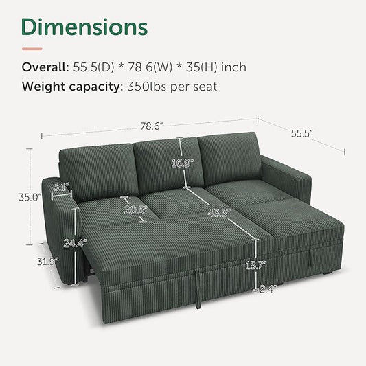 HONBAY Modular Sectional Sleeper Sofa with Pull Out Bed, L Shaped Sofa with Storage, Modular Sectional Couches for Living Room, Green