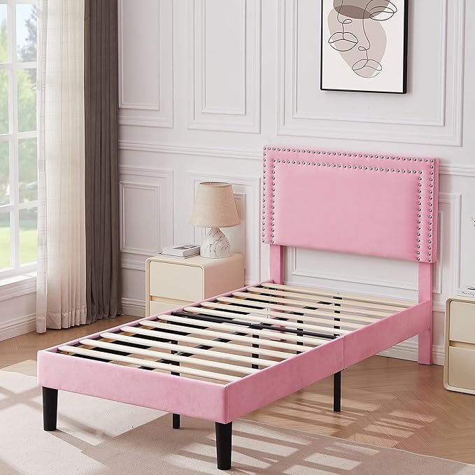 Twin Size Platform Bed Frame with Height Adjustable Upholstered Headboard, Modern Mattress Foundation,Strong Wood Slat Support, No Box Spring Needed, Easy Assembly