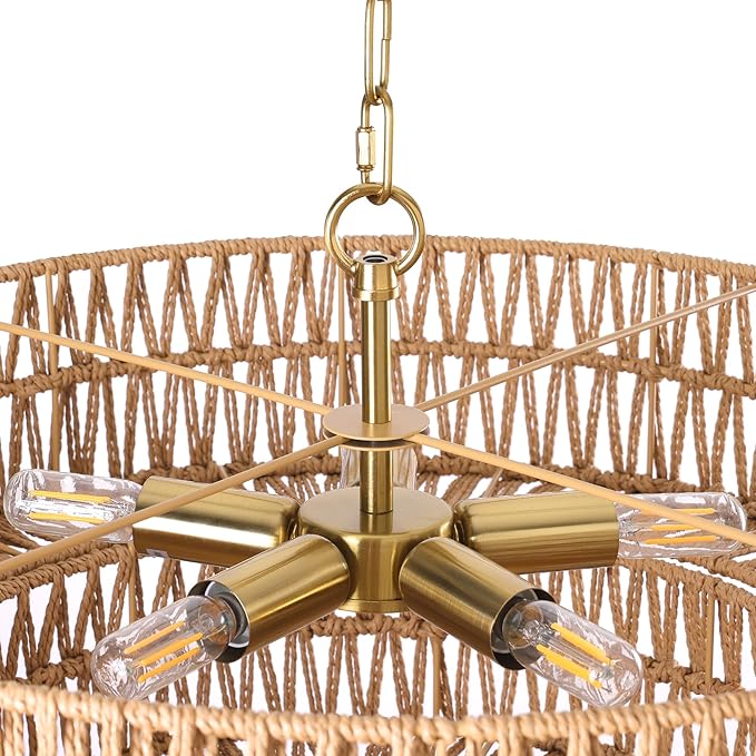 LamQee 22 Inch Farmhouse Rattan Chandeliers, 5 Lights Boho Chandelier Light Fixture with Hand Woven Wicker Shade, Large Rattan Pendant Lights Ceiling Hanging Lighting for Dining Room Kitchen Island