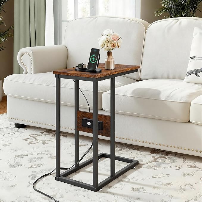 VECELO C-Shaped End Side Table with Charging Station & 2 USB Ports and Outlets for Living Room, Bedroom, with Adjustable Feet for Couch Sofa, Bedside, Small Spaces, Brown