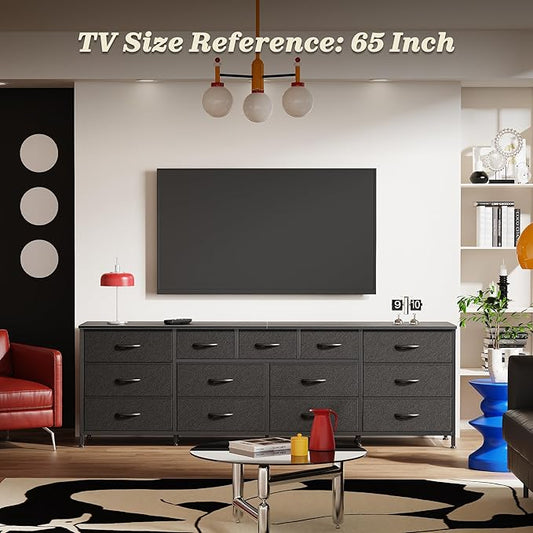 Huuger 70 Inch Dresser for Bedroom, TV Stand for 65, 75, 80 Inch TV, 13 Fabric Drawer Long Dresser, Wide Chest of Drawer, Black Storage Units for Bedroom