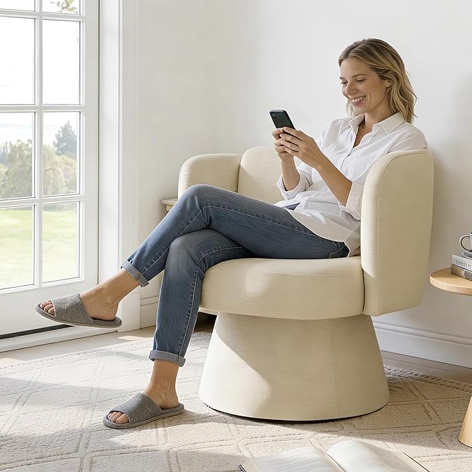 Swivel Barrel Chair,360° Accent Chairs with Round Backrest,Upholstered Lounge Chair for Vanity,Living Room,Bedroom,Reading Nook,Sand