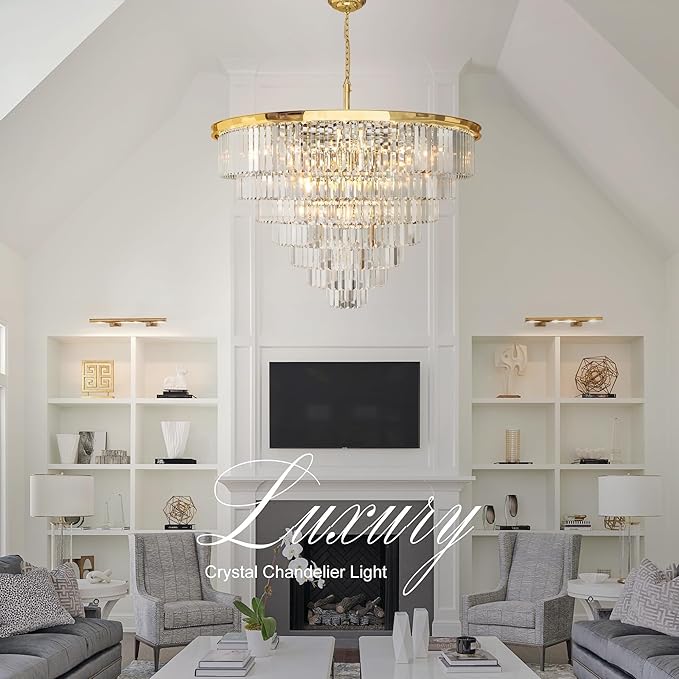 Gold Crystal Chandelier Lighting Modern Contemporary Empress Chandeliers Pendant Ceiling Lamp Light Fixture 7-Tier for Dining Living Room Hotel 24 Lights W39.4