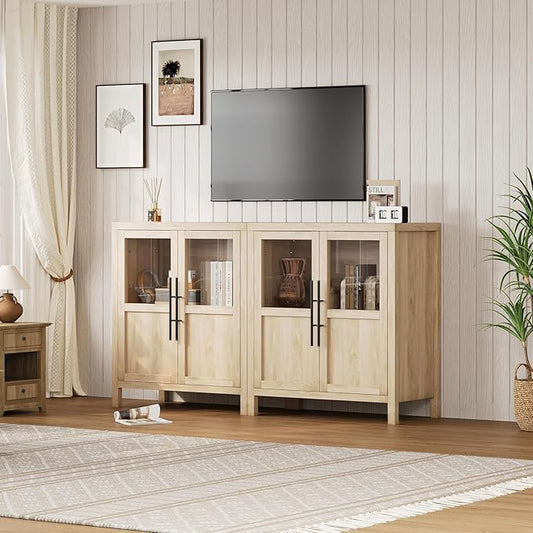 GarveeHome Sideboard Buffet Cabinet with 2 Glass Doors, 29.5 in Buffet Table Coffee Bar Wine Bar Display Cabinet for Kitchen Dining Room, Living Room (Glass with 2 Doors, Natrual)