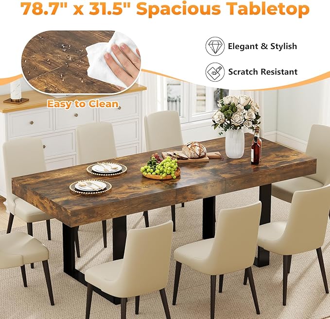 63"-78.7" Rectangular Extendable Dining Table, 6-8 Extendable Dining Table, Conference Table, Kitchen Table with Slide Track, Tapered U-Shaped Wood Legs for Office, Living Room-Rustic Brown