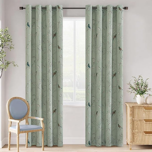 H.VERSAILTEX Blackout Curtains for Bedroom 84 Inches Length Thermal Insulated Birds Rustic Printed Curtain Drapes for Living Room Energy Efficient Room Darkening Home Decoration Pair 2 Panels, Sage