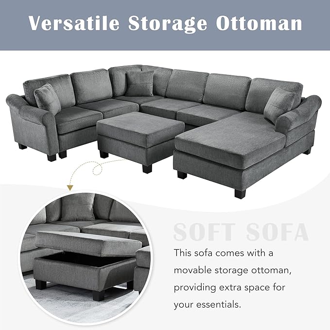 ERYE 112-Inch U-Shaped Sectional Sofa with Movable Storage Ottoman, Oversized Chenille Upholstered Corner Modular Sofa Couch W/Right Facing Chaise Lounge and 3 Toss Pillows
