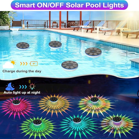 RGB Solar Floating Pool Lights, Smart Auto ON/Off Pool Light with 6 Lighting Modes, IPX8 Waterproof LED Color Changing Lights for Inground Pool, Bathtub, Garden, Party Decoration, 1 Pack