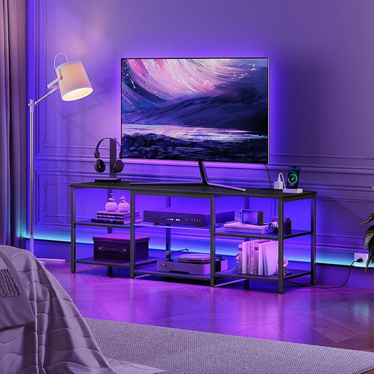 HOOBRO LED TV Stand for 65 Inch TVs with Charging Station, Gaming Entertainment Center with 3-Tier Open Storage, Long Media TV Console Table, TV Stand for Living Room, Bedroom, Black BB20UDDS01