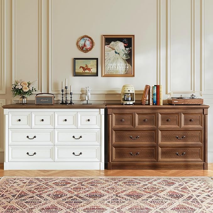Concho Farmhouse 8 Drawers Dresser for Bedroom, 53'' Wide Wood Chest of Drawers with Spacious Deep Storage Space, Rustic Storage Dressers Organizer, TV Stand for Living Room, Bedroom, Antique White