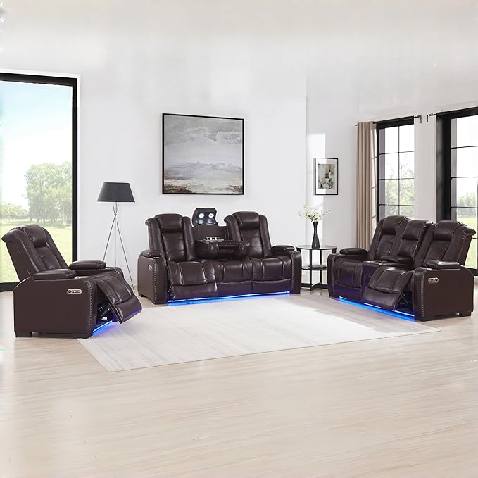 THSUPER Brown Leather Power Recliner Loveseat with Arm Storage and Bluetooth Speaker, Theater Seating Leather Living Room Reclining Loveseat with Cup Holders and Wireless Charging. | Breathable material, LED ambient light, USB and Type-C port, In a box...