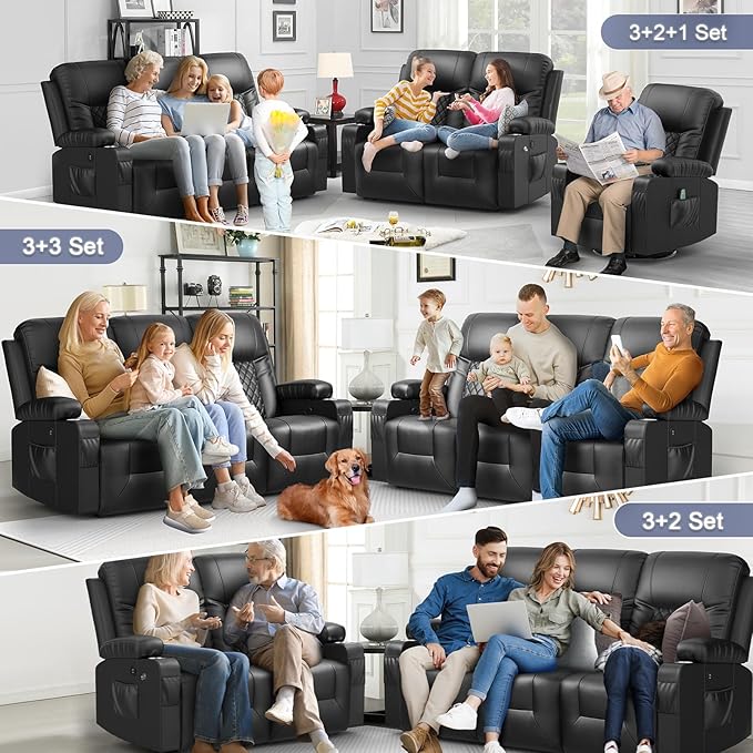 FURNIMAT Oversized Recliner Sofa Set with 3+3 Pieces in Living Room, PU Leather Loveseat Couch, Modern Recliner Chair for Living Room, with Cup Holder and 2 Cell Phone Holder, USB Ports, Black