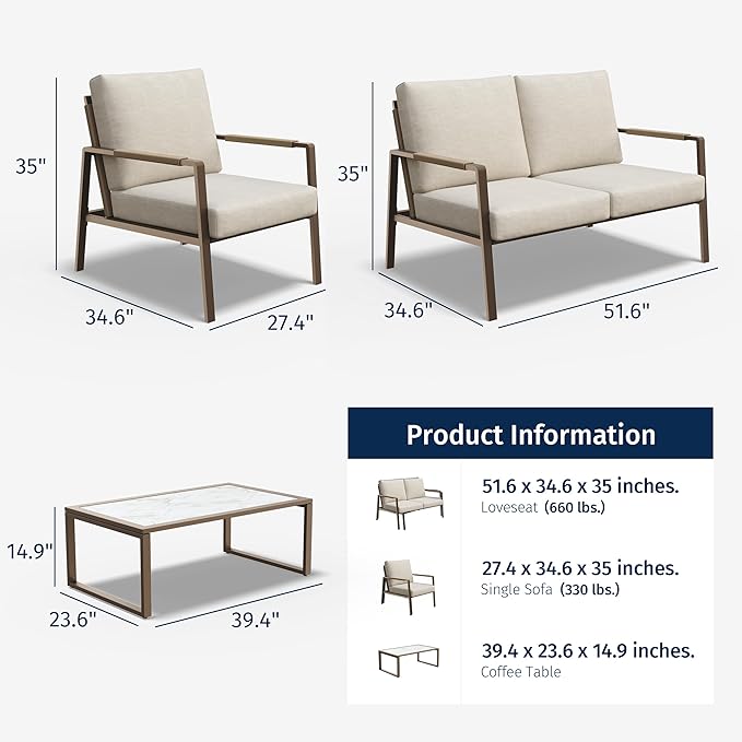 East Oak 4-Piece Patio Furniture Set with Thick Cushions, 4 Seats Waterproof Outdoor Patio Set with Rattan Armrests, Loveseat and Coffee Table for Backyard, 2024 Coast Patio Conversation Set in Beige