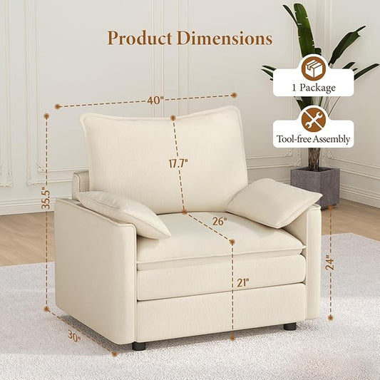 Vesgantti 40" Single Seat Sofa, Comfy Cloud Couch Deep Seat Upholstered Couch Chenille Modern Sofa with Armrest Pillow, Easy Assembly for Living Room, Bedroom and Apartment, Beige | Sink-in Comfort, Height Adjustable, Easy Rearrangement, Extra-deep Ott...