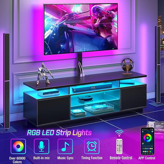 Rolanstar TV Stand with Mount and Power Outlet 59.1", Swivel TV Stand Mount for 32/45/55/60/65/70 inch TVs, Height Adjustable Modern Entertainment Center with Storage & LED Lights, Black TV Table
