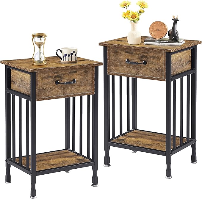 VECELO Night Stand Set 2 with Drawer and Storage Shelf,15.7x11.8x23.6 inches Bedside Table End Table,Wood Nightstands for Bedroom, Living Room,Sofa,Antique Brown,2 Sets