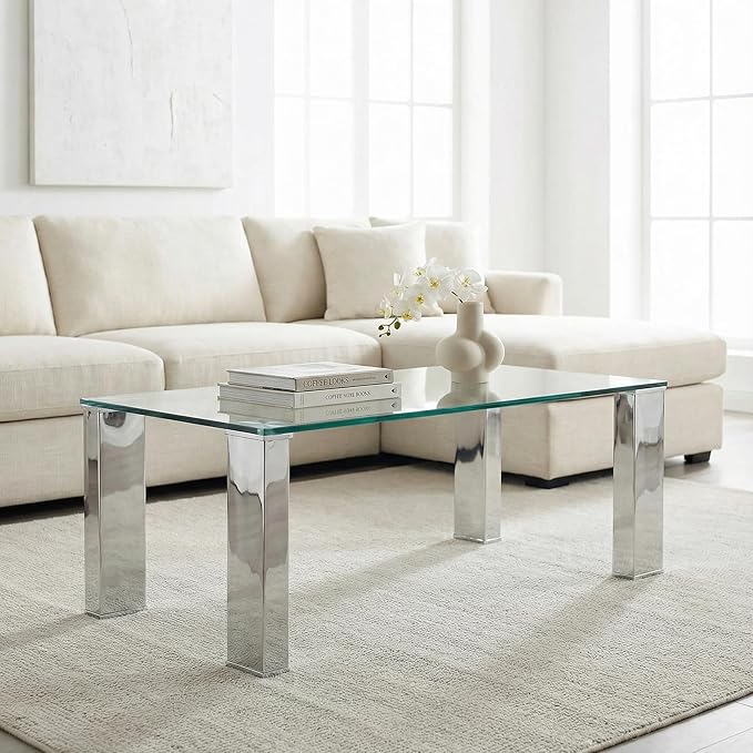Cortesi Home Isaak Contemporary Glass Coffee Table with Chrome Finish