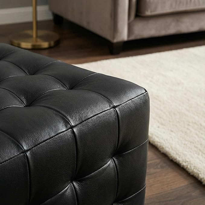 Cortesi Home Charli Tufted Cube Ottoman in 100% Genuine Leather, Black