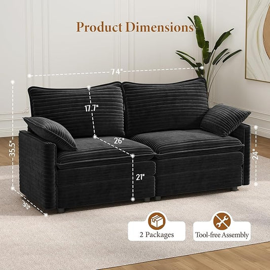 Vesgantti 74" Loveseat Sofa for Living Room, Comfy Cloud Couch Deep Seat Corduroy Modern 2 Seater Small Sofa with Armrest Pillow, Easy Assembly for Small Spaces, Black | Sink-in Comfort, Height Adjustable, Easy Rearrangement, Extra-deep Ottoman, Solid ...