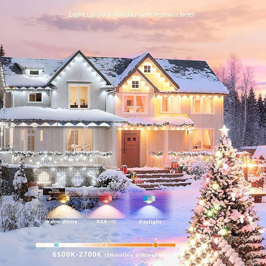 Permanent Outdoor Christmas Lights for House,100ft Smart RGB+IC Color Eave Lights,Tunable Warm to Cool White 60lm for Daily Lighting,IP67 Waterproof, Alexa Google APP Remote Control