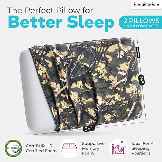 Imaginarium Cooling Memory Foam Fun Pillow with Cool-to-The-Touch Cover 2 Pack (Camo) Plus 2 Additional Pillow Covers