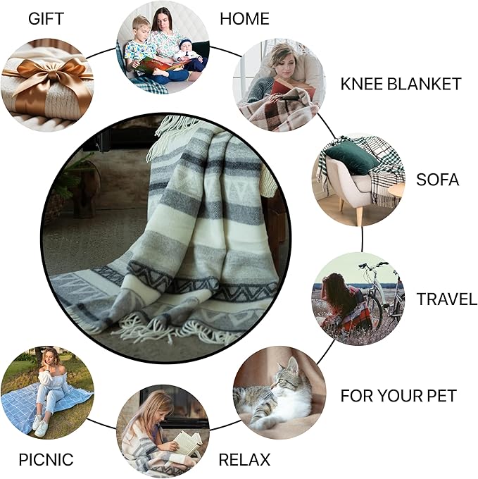 Wool Blanket | 100% Wool from New Zealand | Perfect as a Throw Blanket / Sofa Blanket | Virgin Wool Blanket with Fringes in Stripes Designs (140 x 200 cm)
