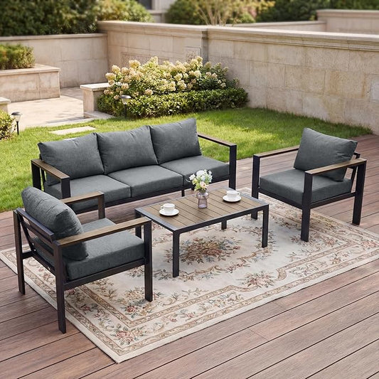 Outdoor Patio Furniture Set 5 Seats Luxury Aluminum Patio Conversation Set with Coffee Table, Washable Thick Cushions, Large Sectional Sofa for Porch, Balcony, Deck, Yard, Gray