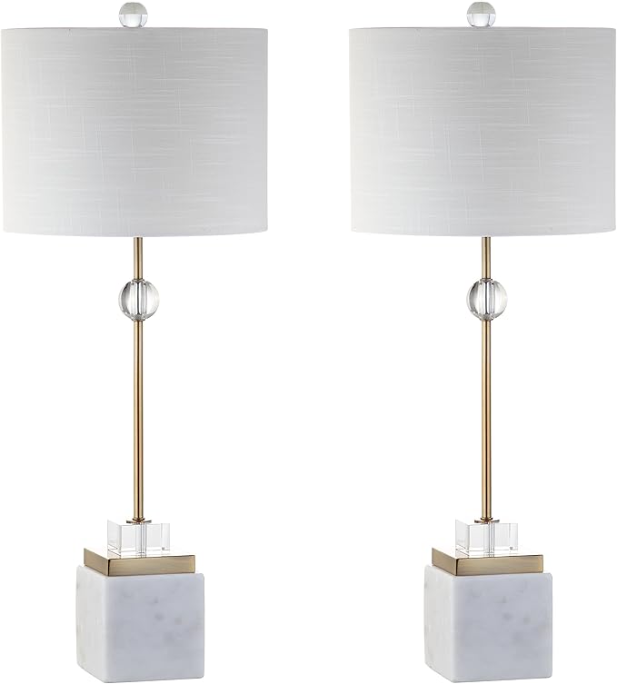 JONATHAN Y 30" White Marble and Brass Gold LED Table Lamp Set of 2, Modern Glam Crystal Pedestal Lamps for Living Room Bedroom, White Linen Shade, LED Bulbs Included JYL5008A-SET2