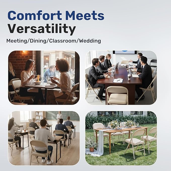 Simple Deluxe Dining Chairs Set of 4, Leather Cushion Foldable Contemporary Kitchen Side Chair with Padded Back & Sturdy Metal Legs, Upholstered Seat for Home/Living Room/Bedroom/Cafe, Tan