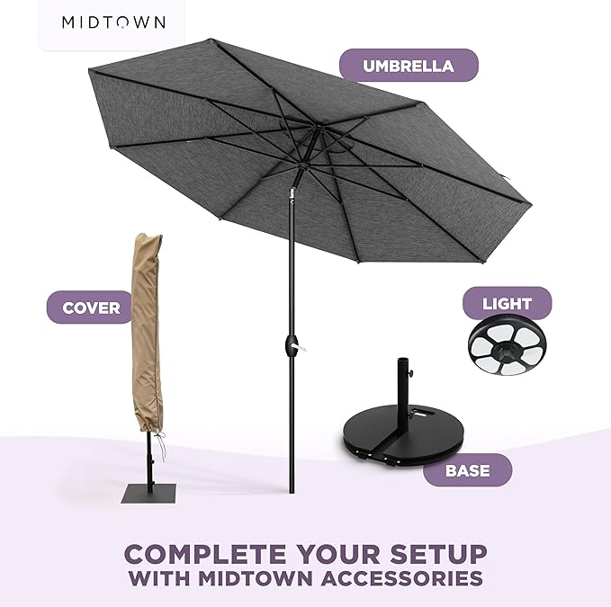 Midtown Umbrellas - The Lean 10 Ft Patio Umbrella with Fade-Resistant Sunbrella Fabric, Auto-Tilt Aluminum Frame and 8 Reinforced Ribs for Deck, Pool & Garden - Cast Slate Canopy, Black Pole