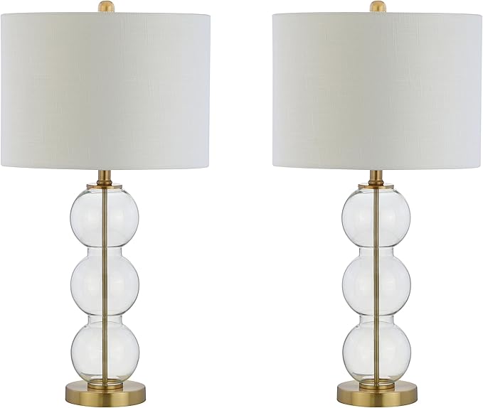 JONATHAN Y 27" Clear/Brass Triple-Sphere Glass Table Lamp Set of 2, Bedside, White Linen Shade, Modern Table Lamps for Living Room, Bedroom, Office, LED Bulbs Included JYL1070A-SET2