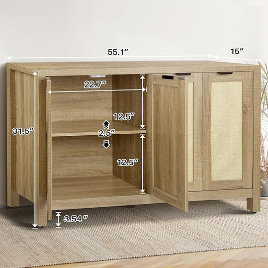 Rattan Sideboard Buffet Credenza Cabinet - Large Farmhouse Kitchen Coffee Bar Cabinet with 4 Rattan Door Storage for Entryway Living Room, 55" x 15" x 31.5" (Natural)