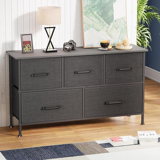 FDW 5 Fabric Drawers Dresser for Bedroom,Chest Organizer Units with Steel Frame and Wooden Top for Bedroom,Closet,Living Room, Entryway,Grey