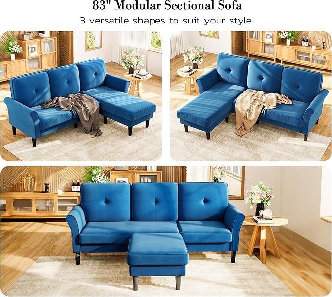 Kidirect 83" Sectional Couch, Velvet L-Shaped Couch 3 Seater Sectional Couches for Living Room, Comfy Fluffy Deep Seat Loveseat, Modular Sectional Sofa with Ottoman for Apartment Office, Blue Couch