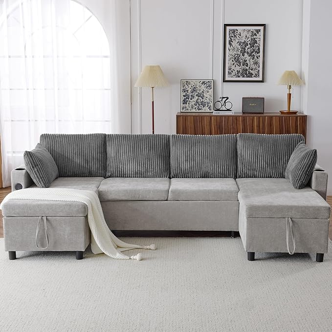 Ball & Cast 111.8" Upholstered Sectional Sleeper Sofa Bed, U Shaped Pull Out Couch with Storage Chaise,USB Ports and Two Cup Holders, for Living Room,Office, Apartment, Grey