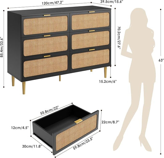 GarveeHome Rattan 6 Drawer Dresser for Bedroom, Large Double Dresser with Deep Drawers, Long Wooden Chest of Drawers for Closet with Wide Top, for Living Room, Hallway, Kids Room, Black