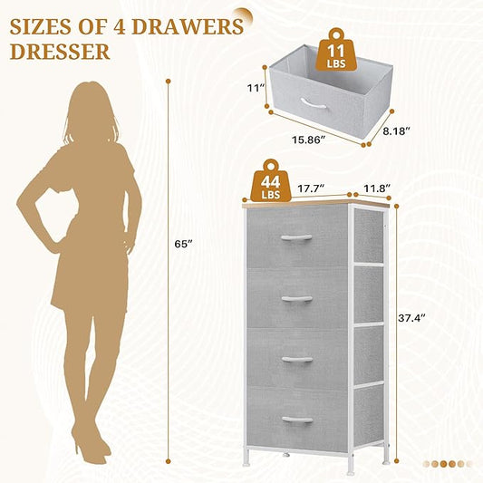 Nightstand with 4 Fabric Drawers, 37.4" H Tall Narrow Bedside Table with Wooden Top Steel Frame for Bedroom, Dorm, Closet, Living Room, Light Grey