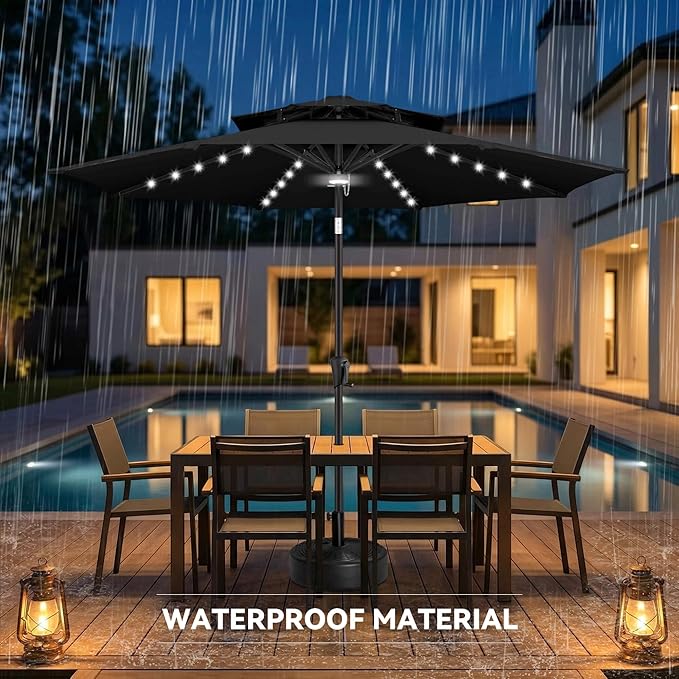 9FT Solar Umbrella Outdoor - 2-Tier Lighted Solar Patio Umbrella with 40 LED Lights Waterprool UV Protection, Table Umbrella with Tilt for Pool, Porch, Garden, Backyard (Black)