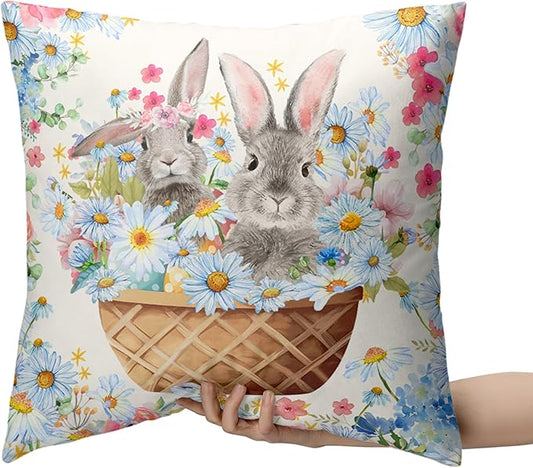 Easter Bunny Pillow Covers 24x24 Spring Rabbit Daisy Floral Throw Pillow Covers A Basket Filled with Lovely Bunny and Flowers Pillowcase Cushion Case for Sofa Patio Garden 2 Pack