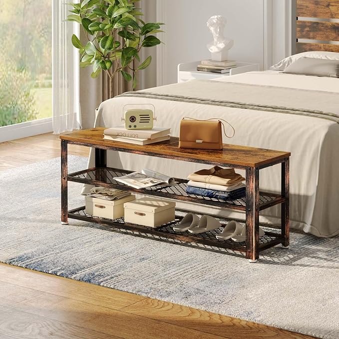 Rolanstar Shoe Bench, 3-Tier Shoe Rack, 40” Storage Entry Bench with Mesh Shelves Wood Seat, Rustic Foyer Bench for Hallway Front Door, Doorway, Living Room, Mudroom, Steel Frame, Rustic Brown