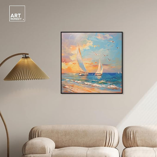 Art Remedy Sailboats In The Sunset Framed Sailing 1 Piece Canvas Wall Art, 31" x 31", Black Frame