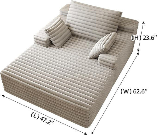 62.6" Oversized Chaise Lounge Chair for Bedroom Living Room, Boneless Sofa Couch Sleeper Bed, Memory Foam Cloud Couches with Throw Pillows, No Assembly, Plush Corduroy, Grey