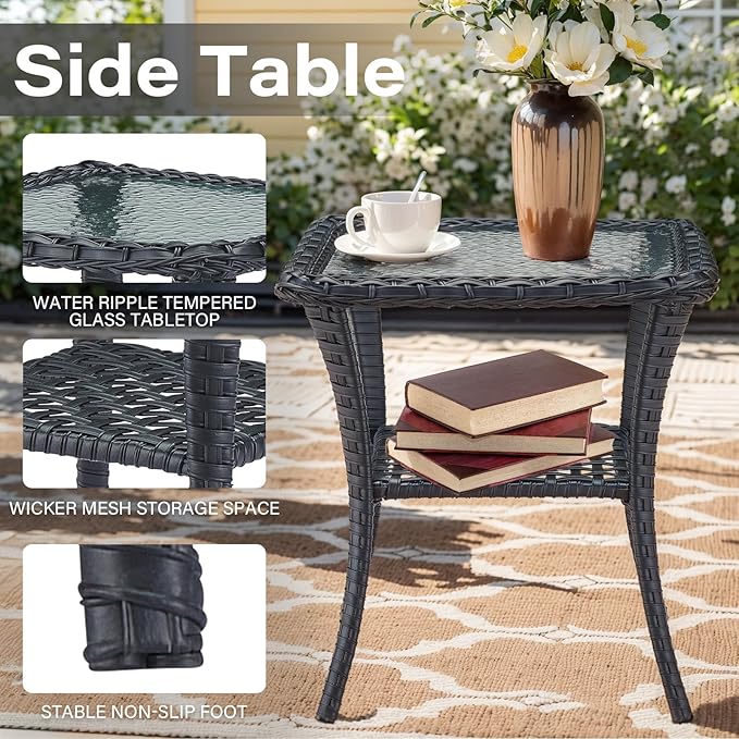 Belord Patio Rocking Chairs Furniture Set - 5 Piece Outdoor Wicker Furniture Sets with Ottomans, Small Patio Conversation Sets with Wicker Rocking Chairs Black/Beige