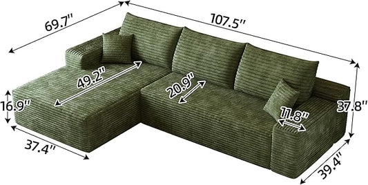 107" Boneless Couch with L Shaped Chaise, Plush Corduroy Sleeper Sectional Sofa, Deep Seat Comfy Couches for Living Room Bedroom, Compressed Foam Cloud Sofas, No Assembly, Left Facing Chaise, Green