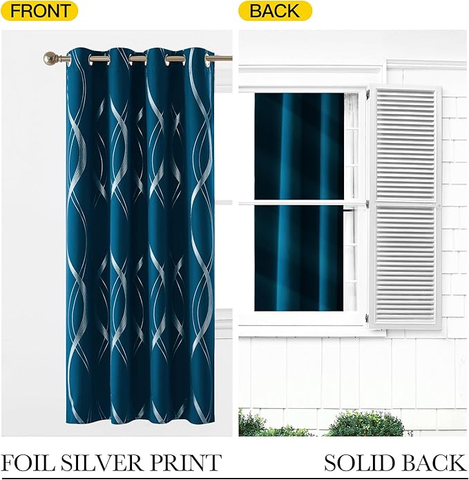 NICETOWN Moroccan Blue Blackout Curtains 84 inch Long for Living Room, Art Decor Scandinavian Style for Festival Wave Line Foil Print Design Drapes for Wall Cover, W52 x L84, 2 Panels