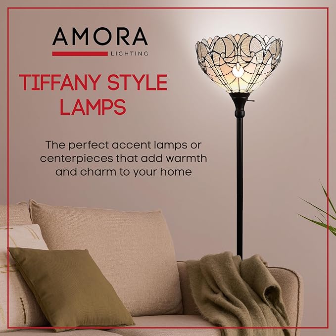 Amora Tiffany Floor Lamp Torchiere - Stained Glass Lamp 72” in White Mahogany - Custom Handcrafted Floor Lamps for Living Room