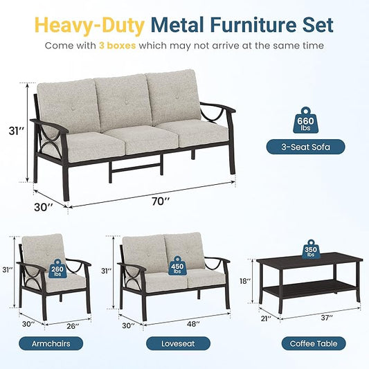 RoyalCraft Outdoor Patio Furniture Set, 7 Seats Outdoor Patio Set with 4" Thick Cushion, All-Weather Metal Patio Sofa with Coffee Table, Outdoor Sectional Furniture for Backyard Porch, Khaki&Beige